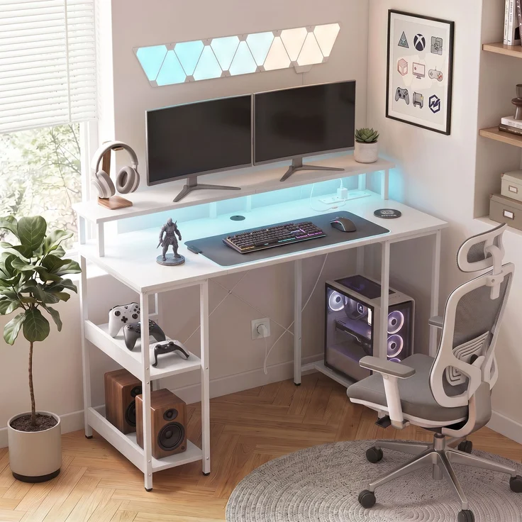 Wendbarer Computertisch mit Ablagen, 120 x 50 cm, mit Steckdosen und LED-Beleuchtung, Weiß in Holzoptik – Bild 4