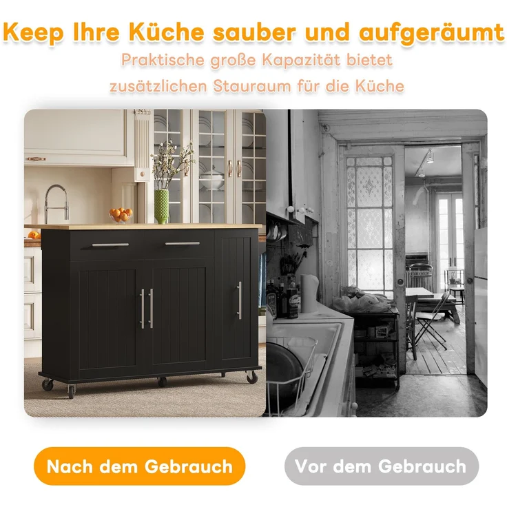 Kücheninsel aus MDF mit Klappblatt & 3-stufigem Auszug, 120x40/65x90 cm, Schwarz/Natur – Bild 8