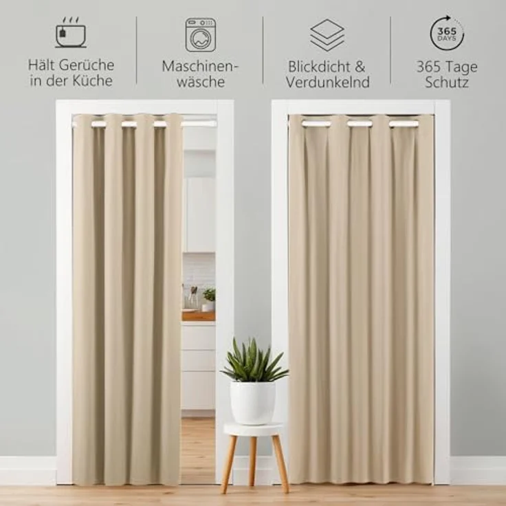 tinycurtains Türvorhang mit Stange weiß 70-120 cm Thermo Vorhang ohne Bohren, blickdicht, Ösen, verdunkelnd, Polyester, beige Driftwood, Türgardine mit Klemmstange Raumtrenner Vorhang Tür – Bild 6