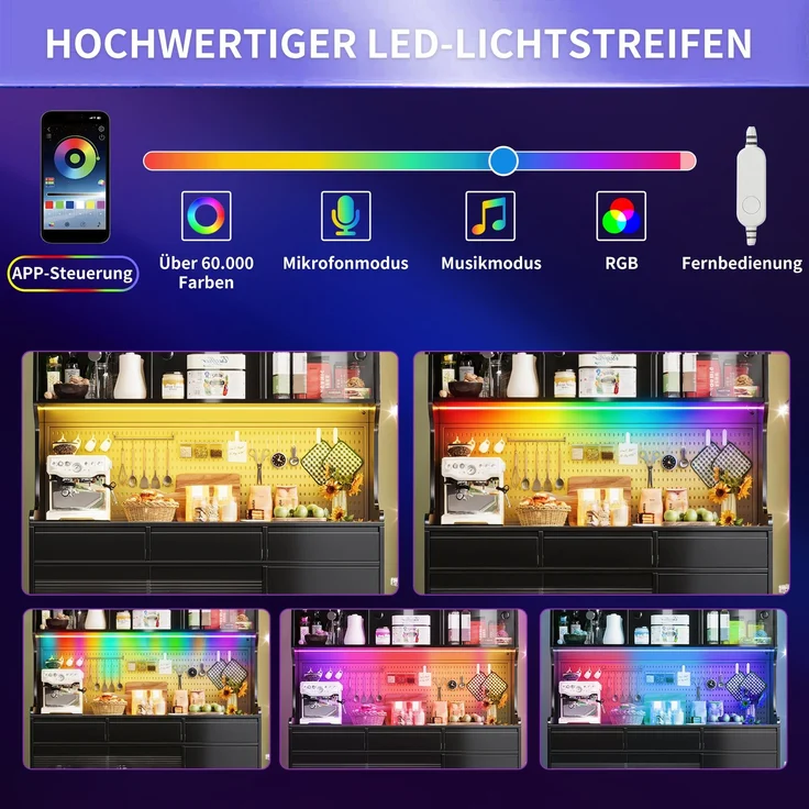 ZUBALIYA LED-Küchenschrank 145x39x171 cm, mit App-Steuerung, mit Stauraum, MDF/Glas, Schwarz – Bild 9