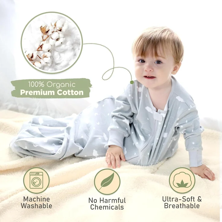 Mama Cheetah Baby Schlafsack mit Ärmeln, 0.5 TOG Bio-Baumwolle Wearable Blanket und Zwei-Wege-Reißverschluss, Swaddle Transition Long Sleeve Sleep Sack für Neugeborene to Kleinkind, 6-12 Monate – Bild 2