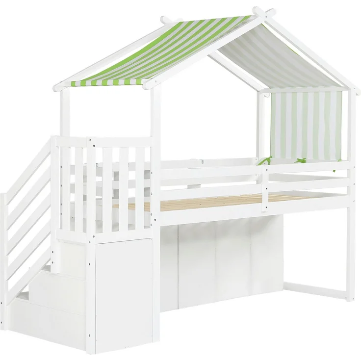 Hochbett mit Lattenrost, Kleiderschrank, Regal und Treppe, 90x200 cm, Hausbett, Kinderbett mit Rausfallschutz, Kiefer – Bild 8