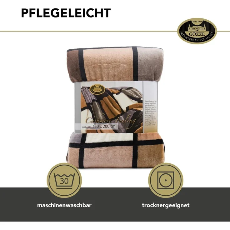 Gözze - Weiche Kuscheldecke, Cashmere Feeling, Hohes Stoffgewicht 500 g/m², Antigua, 150x200 cm - Taupe/Creme/Schoko – Bild 5