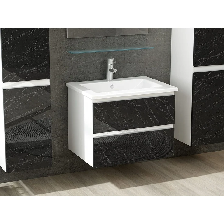 Homeline Badmöbel Set mit Schubladen Glas ablage (Luci Weiss Schwarz-Marmor, 60 cm ohne Hochschrank) – Bild 5