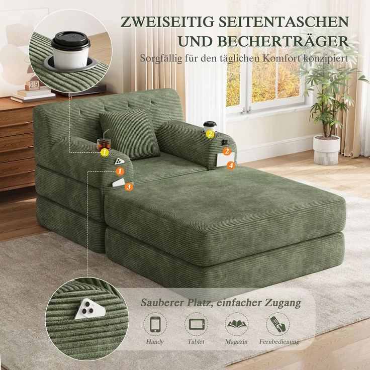 Cord-Schlafsessel mit Hocker mit hoher Rückenlehne, 2 Getränkehaltern und 4 Seitentaschen, dicht gepolstert mit Metallrahmen ohne Montage, Grün – Bild 8
