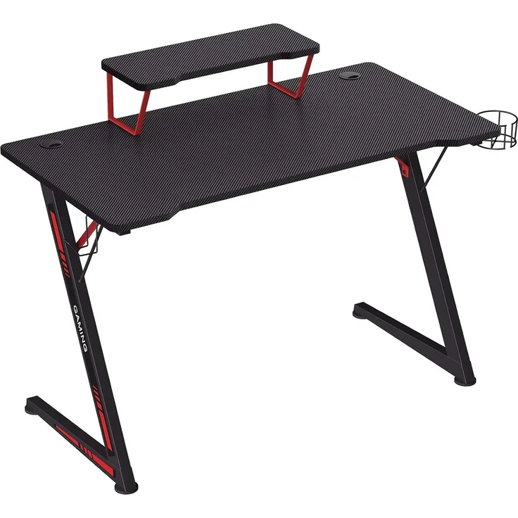 Songmics Gaming Tisch, Computertisch, mit Monitorständer, mit Halter für Kopfhörer und Trinkglas, multifunktional, Z-förmiges Stahlgestell, einfache Montage, schwarz-rot LGD001B01