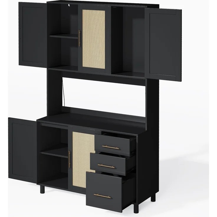 183cm Küchenanrichte, Buffet, App-gesteuerte LED-Deko-Lichter, 2 x USB, 2 x Steckdosen, verstellbare Einlegeböden, 3 Schubladen, goldene Metallgriffe, ideal für Küchen und Esszimmer. – Bild 10