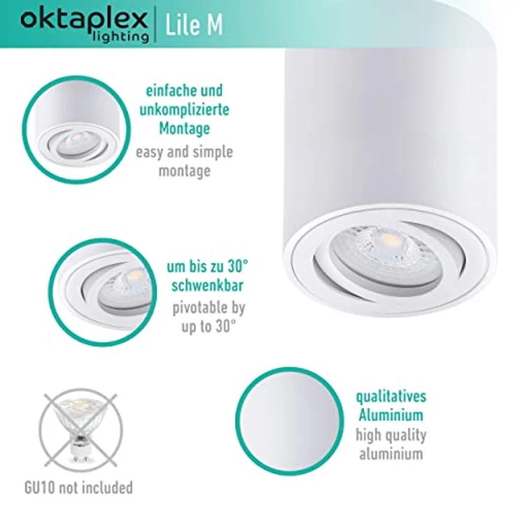 Oktaplex Lile M 3x Aufbaustrahler, rund Aluminium, GU10 & LED-Module, 230V, weiß – Bild 3
