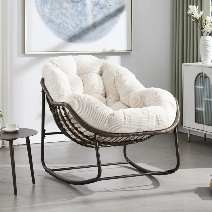 Schaukelstuhl 78 x 106 x 90 cm in Weiß – handgewebtes Rattan, Stahlrahmen und ergonomische Form