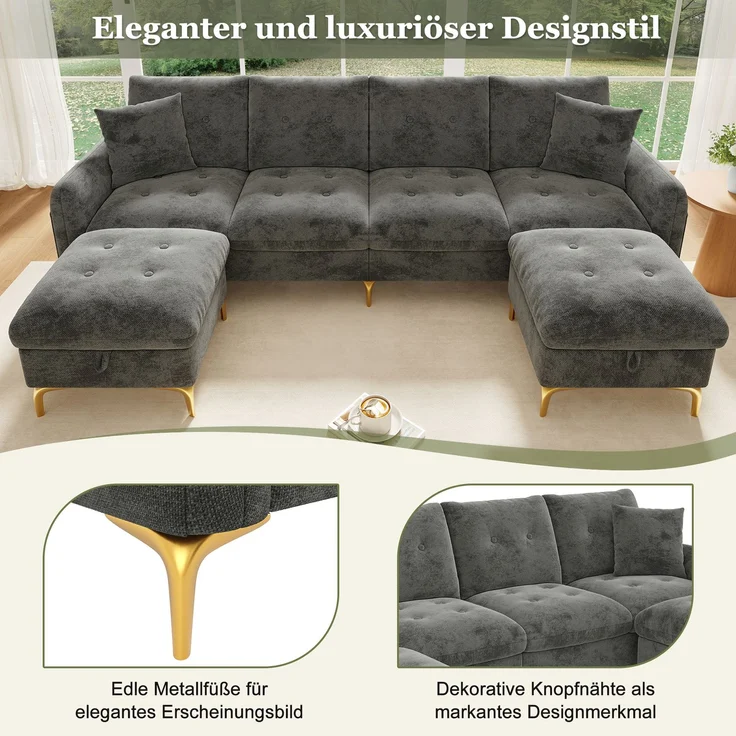 ZUBALIYA SchlafSofa mit Stauraum, mit Chenille - Bezug, mit Samtbezug, mit Knopfheftung, mit breiten Armlehnen, Grau – Bild 10