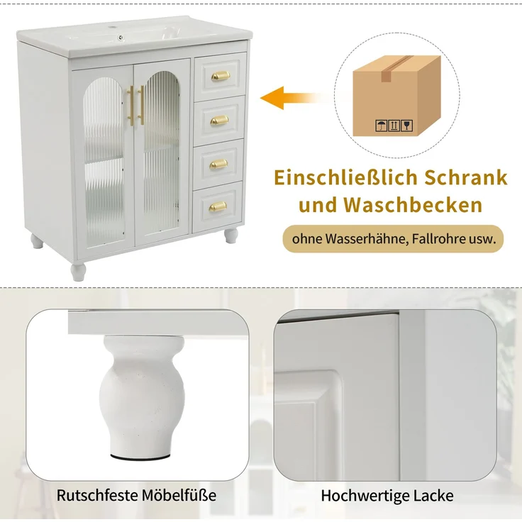 Badmöbel Einzel Waschtisch mit Unterschrank 80cm mit Keramik-Waschbecken,weiß – Bild 8