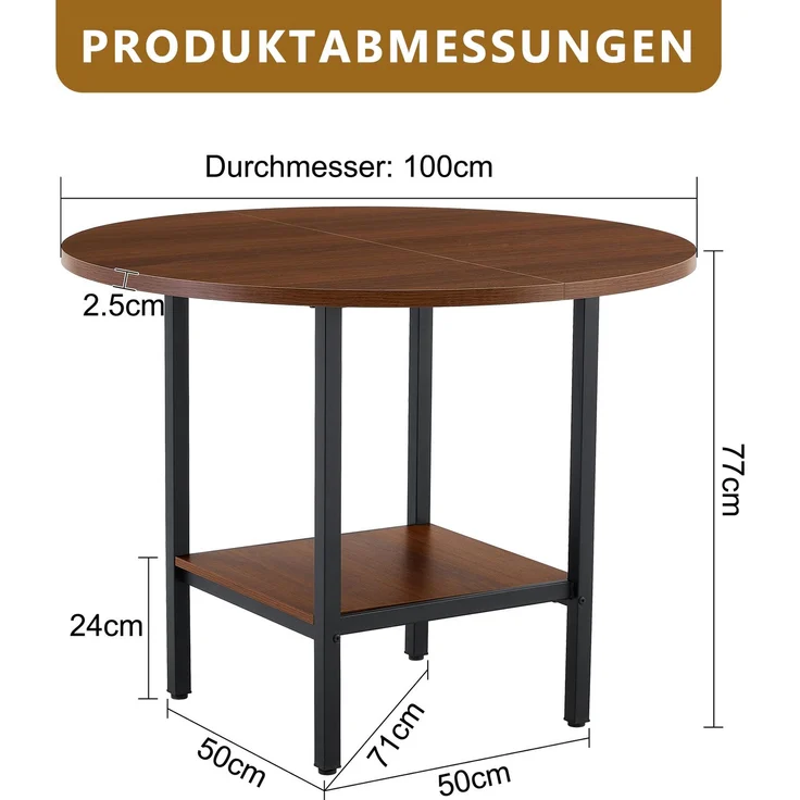 Esstisch rund 100x100x77 cm mit Stauraumablage, Walnuss-Optik und schwarzem Metallgestell – Bild 4
