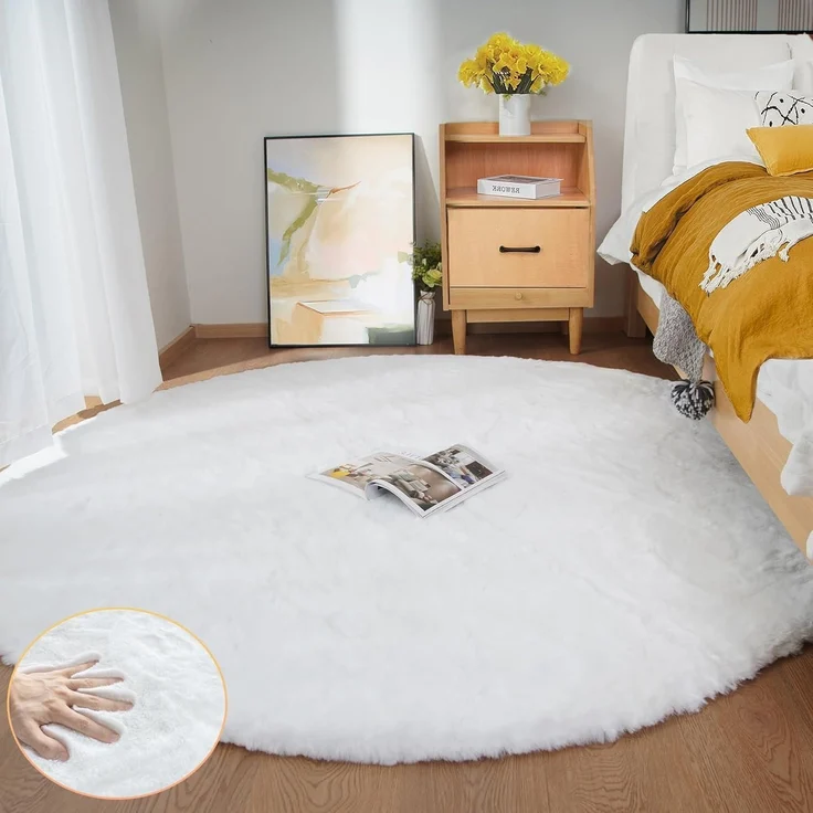 Teppich rund Fellteppich Kunstfell Wohnzimmer 180 cm (Rund) Weiß – Bild 1