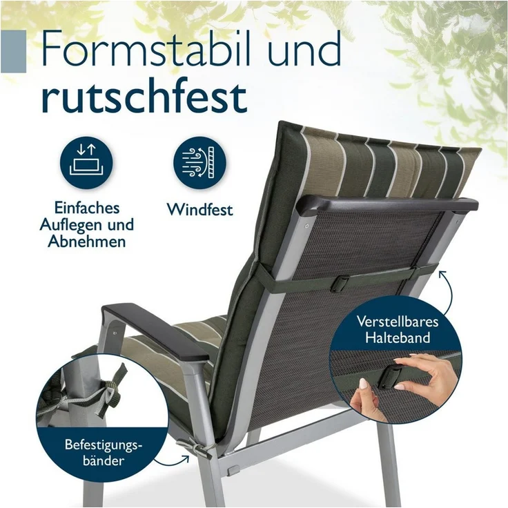 Beautissu Sitzauflage Premium Niedriglehner AuflageSun-NL, 100x50cm, Grün Gestreift, 8cm Dicke Gartenstuhlauflage mit Befestigung UV-Lichtechtheit 5 – Bild 4