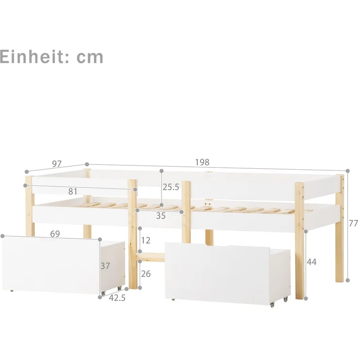 Bett Kinderbett mit Schublade und Rausfallschutz, Kiefer-Vollholz-90x190 cm-Weiß & Eiche – Bild 3