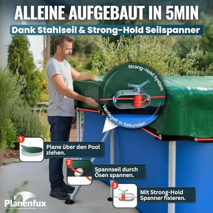Planenfux® Pool-Abdeckplane Poolplanen rechteckig PE Material - Grün (PARENT), 280-320 x 180-220 cm Pool Abdeckung aus starkem 200g/m² PE Material – Bild 8