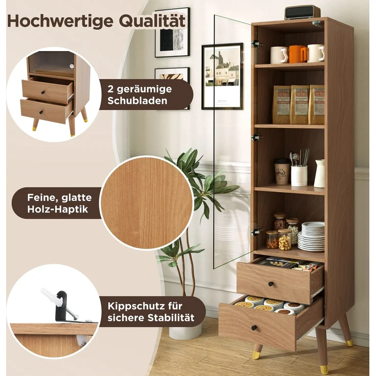 Moderner Hochschrank mit Glastür, Vitrinenschrank mit verstellbaren Regalen und 2 Schubladen, Standschrank für Wohnzimmer, Bad & Büro in Holz-Optik--Holz--39.8x35x160cm--YOUDENOVA – Bild 8