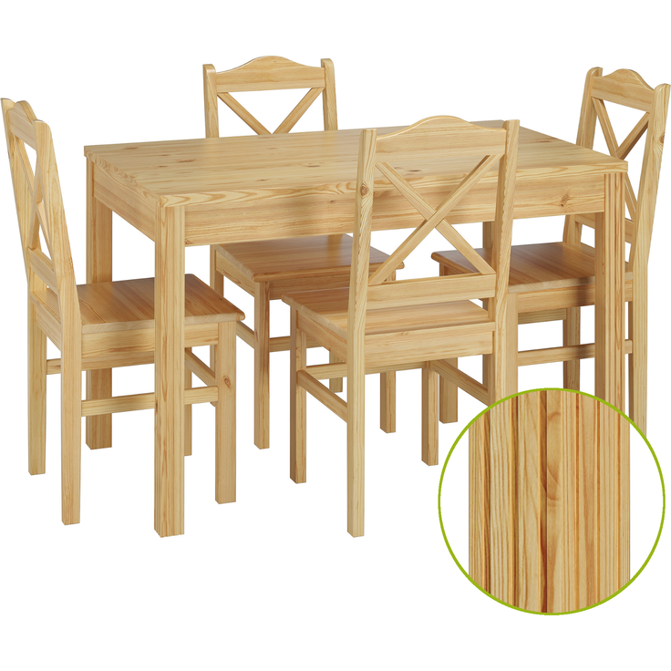 Schöne Essgruppe mit Tisch und 4 Stühlen in kiefer Massivholz natur 90.70-51 C-Set 20