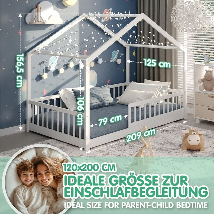 CADANI Kinderbett Malte Bodenbett Hausbett weiß (Rausfallschutz abnehmbar), Bodenbett Hausbett mit Roll-Lattenrost – Bild 4