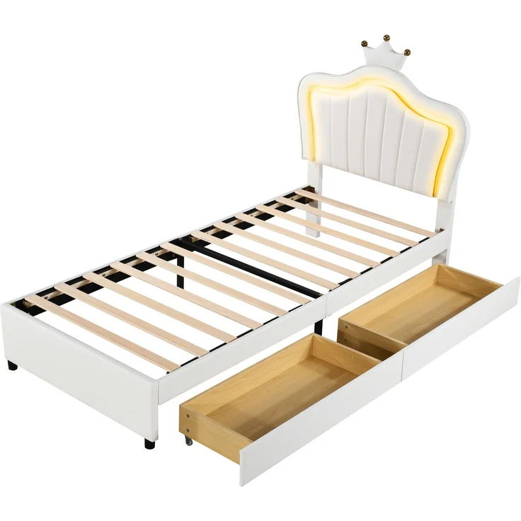 Merax Polsterbett, LED Beleuchtung Krone Kunstleder Kinderbett 90x200cm mit 2 Schubladen, weiß – Bild 10