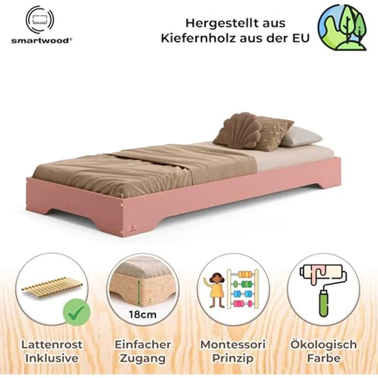 smartwood Kinderbett 120x200 Rosa - Bodenbett aus Kiefernholz mit FSC-Zertifikat - Montessori Bett mit geradem Lattenrost bis zu 300 kg für Jungen und Mädchen - Einfache Montage - TILA 7 – Bild 3