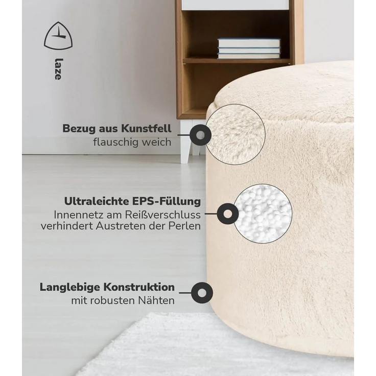 mokebo Pouf Der Flauschige (rund und aus Kunstfell), kuscheliger Sitz-Hocker, Fußhocker oder Hocker in Felloptik in Beige – Bild 3