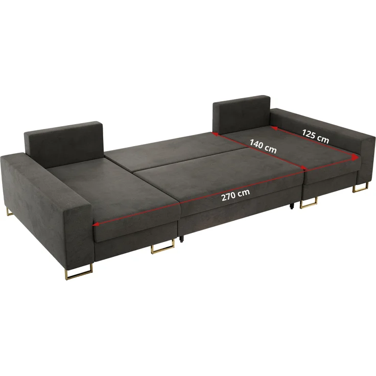 U-förmiges Ecksofa auf goldenen Metallbeinen, mit Schlaffunktion und drei Bettkästen für das Wohnzimmer - DORIAN U - Dunkelgrau Velours – Bild 8