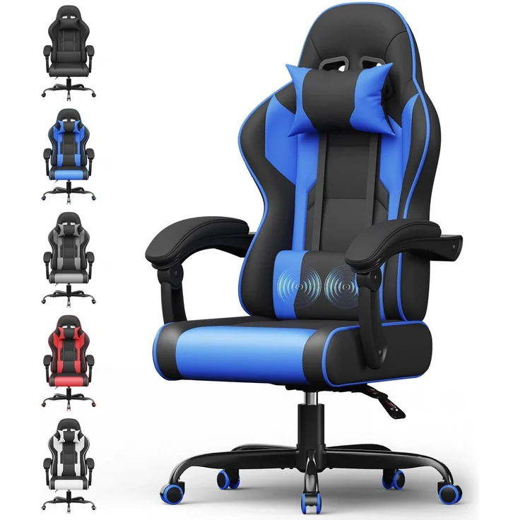 Devoko Gaming Stuhl mit Massagefunktion, Bürostuhl Ergonomisch mit Verstellbarer Ruckenlehne (90-135), Schreibtischstuhl mit Bewegliche Armlehne, max 150kg, Blau – Bild 1
