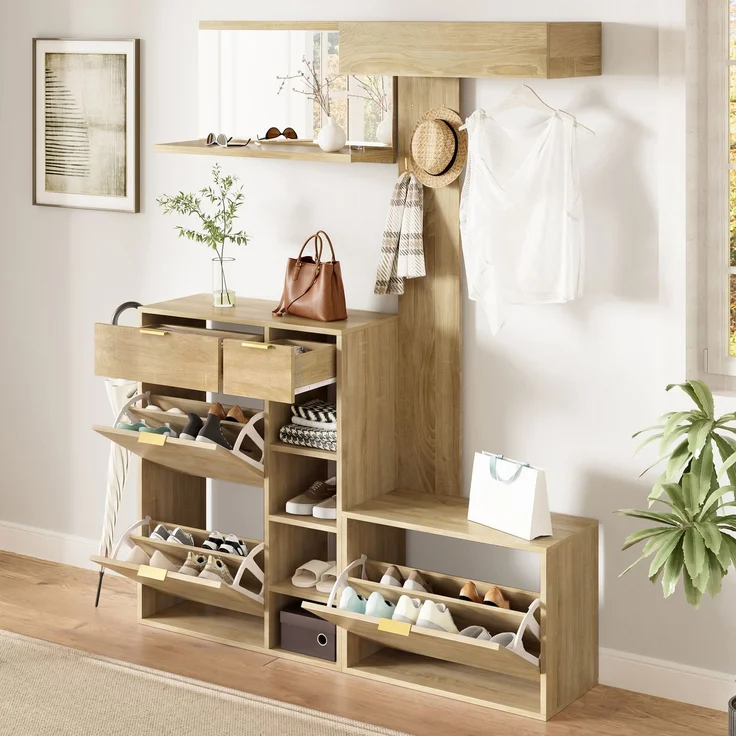 Flurgarderoben-Set, B 130 x T 30 x H 174 cm, aus Spanplatte in Holzdekor und Weiß – Bild 2