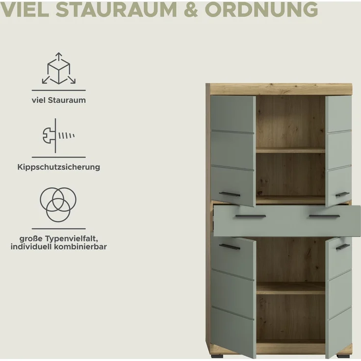 Xonox Scout Badmidischrank (B/H/T: 74x141x31 cm) in Salbei und Artisan Eiche Nachbildung – Bild 12