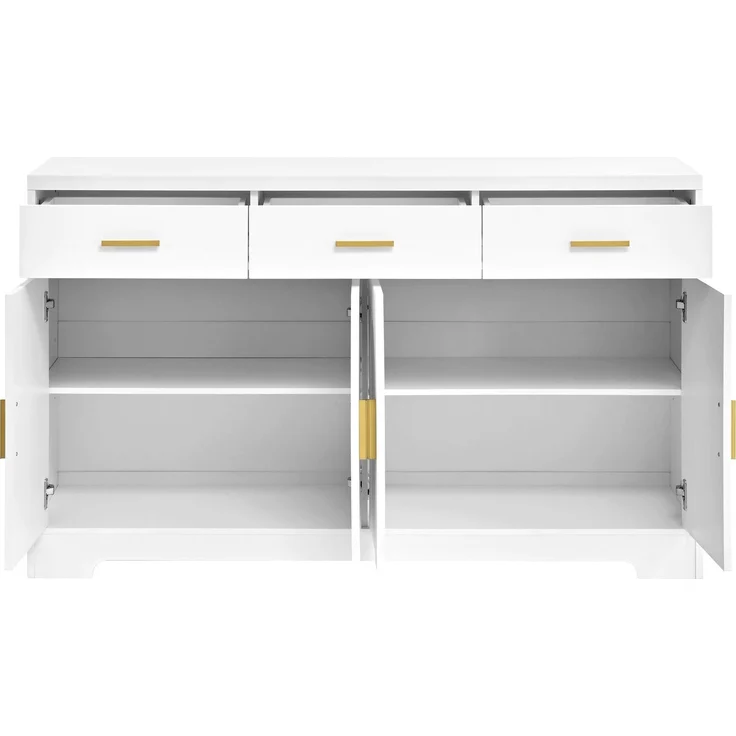 Merax Wohnzimmerschrank, Weiß Sideboard mit vier bogenförmigen Türen, 3 Schubladen, höhenverstellbare Einlegeböden, Korpus aus MDF, goldene Metallgriffe – Bild 7