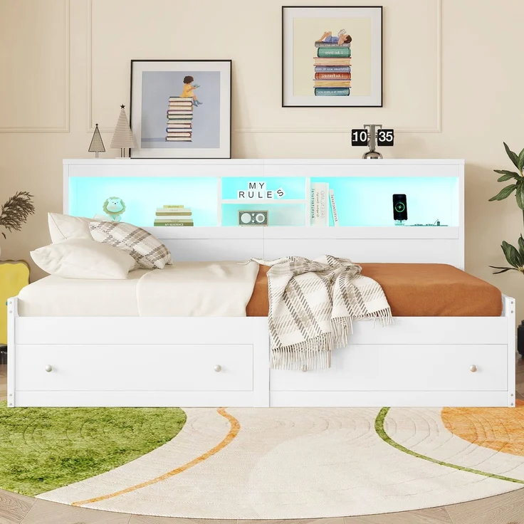 Merax Kinderbett LED Daybett Einzelbett 90x200cm mit Ladefunktion und 2 Schubladen, Weiß – Bild 6