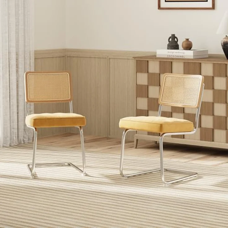 COLAMY Rattan Esstischstühle 2er Set, Samtbezug mit Metallgestell, Gelb – Bild 8