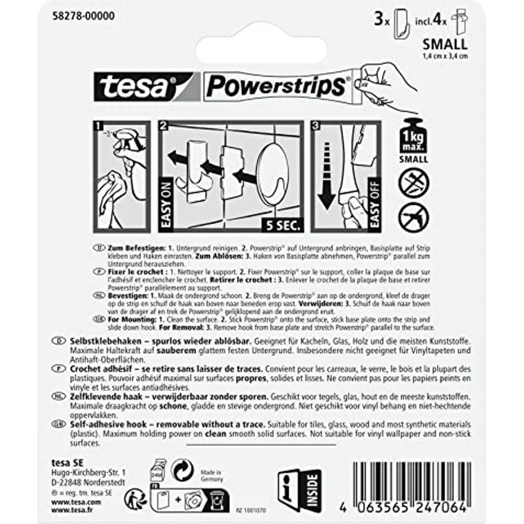 tesa Powerstrips Klebehaken Small Eckig - 3 x selbstklebende Wandhaken - für Kacheln, Glas, Kunststoff und weitere Untergründe - 1 kg Halteleistung - Schwarz – Bild 4