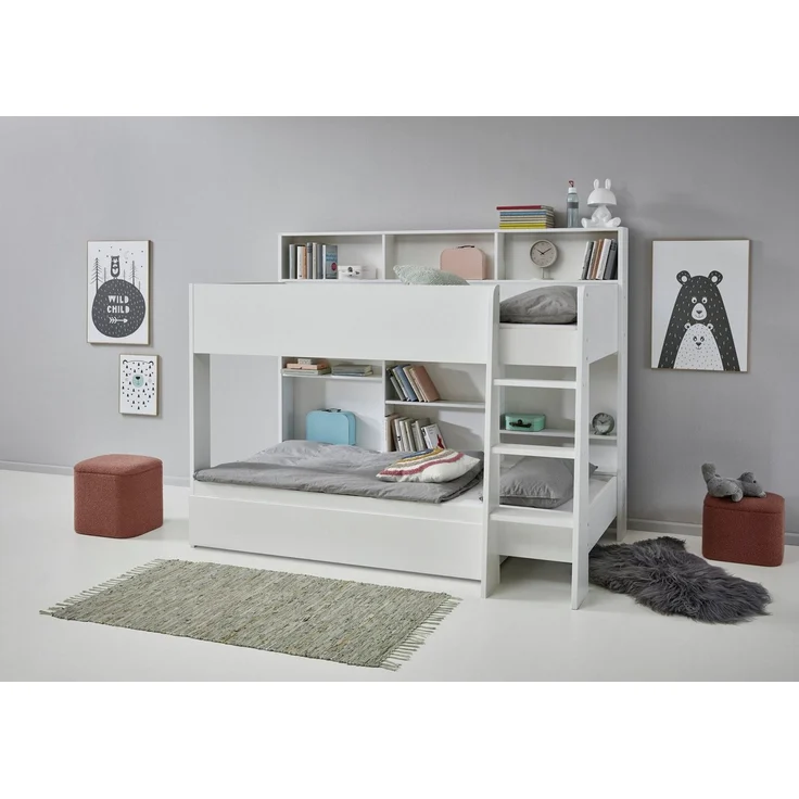 Relita Etagenbett Sely, viel Funktion auf kleinem Raum, 2 Liegeflächen, modernes Design (viele Regalfächer an der Bettrückseite, inkl. Schublade auf Rollen), viel Stauraum, pflegeleichte Melamin Oberfläche, 3 Farben zur Wahl – Bild 2