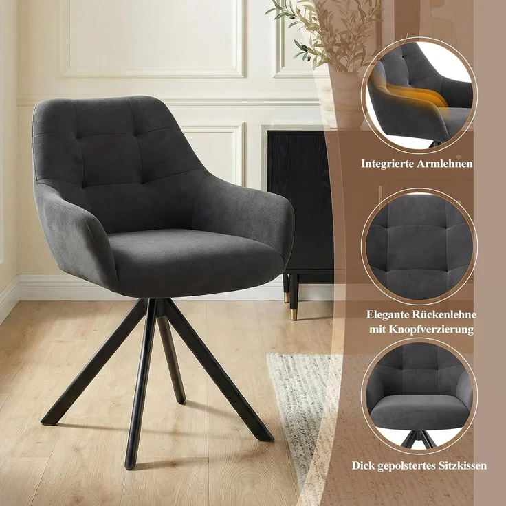 COLAMY Drehbare Esszimmerstühle 2er Set, Esszimmerstühle Drehbar mit Armlehne, Armlehnstuhl Drehbar mit Rückenlehne für Esszimmer, Stühle aus Weichem Florstoff mit Metallgestell für Küche, Grau – Bild 7