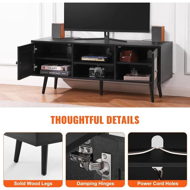 VEVOR Rattan-TV-Ständer, Fernsehschrank Boho-TV-Schrank für 140 cm Fernseher, Retro-TV-Ständer, Rattan-TV-Konsole mit verstellbaren Regalen & 2 Türen, für Wohnzimmer, Medienraum, Schwarz – Bild 5