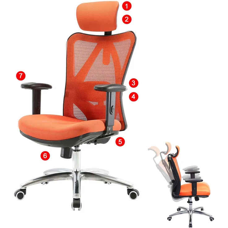 SIHOO Bürostuhl Schreibtischstuhl, ergonomisch, verstellbare Lordosenstütze, 150kg belastbar ~ ohne Fußstütze, orange
