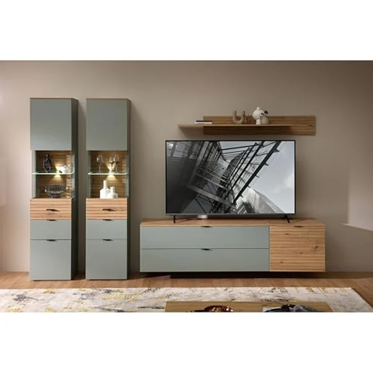 Stella Trading INA Wohnwand Komplett-Set in Schilfgrün, Artisan Eiche Optik FSC-Zertifiziert - Moderne Schrankwand 5-teilig mit LED-Beleuchtung für Ihr Wohnzimmer - 320 x 200 x 44 cm (B/H/T) – Bild 3