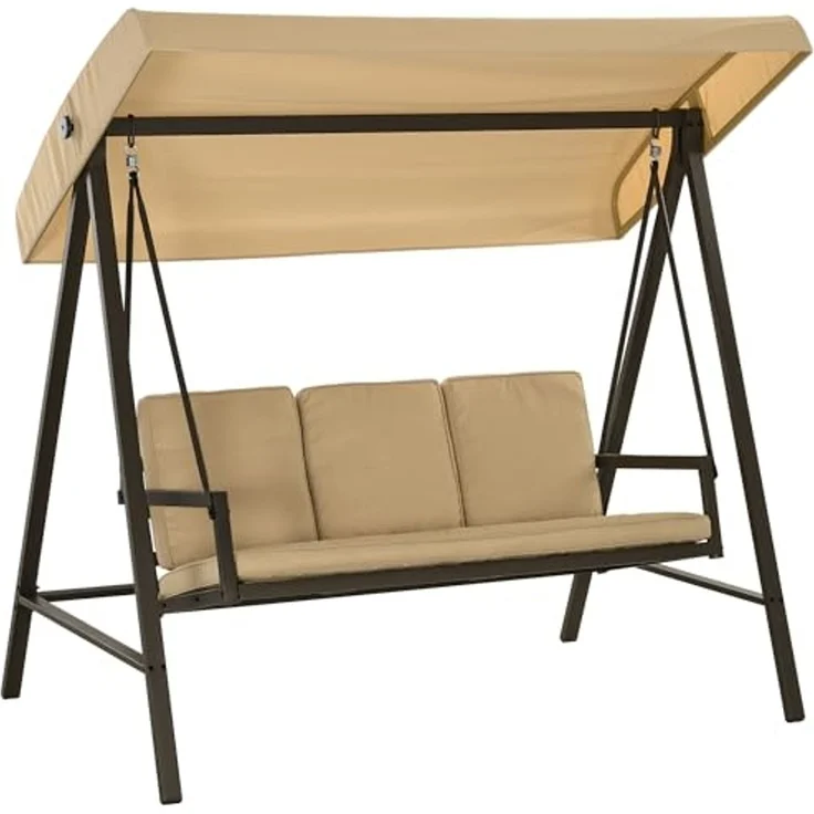 Outsunny Hollywoodschaukel Schaukelbank mit Verstellbarem Dach, Rückenkissen, 3-Sitzer, mehrfach verstellbares Dach, Gartenschaukel, 1 tlg, Schwingbank, bis 360 kg Belastbar, Beige, 200 x 125 x 175 cm – Bild 1