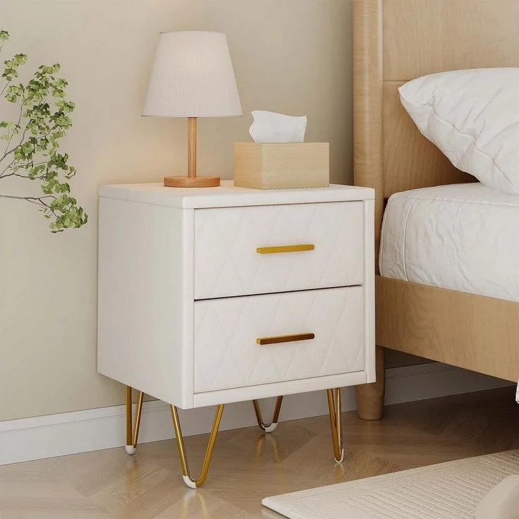 FUROKOY Nachttisch 2er set Nachtschrank mit Schubladen, Beistelltisch mit Metallbeine (Sofatisch Beistelltisch mit 2 Schubladen, Beige PU), Schubladenschrank für Schlafzimmer Flur Wohnzimmer, 41 x 35.5 x 51 cm – Bild 1