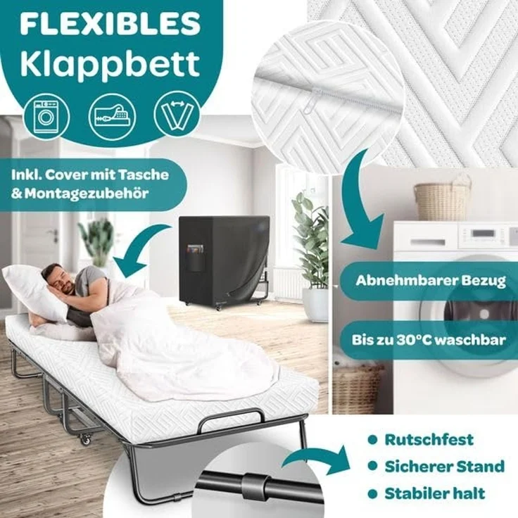 KESSER® Klappbett 200x90cm Gästebett inkl. Matratze aus Memory-Schaum & Rollen | faltbares Reisebett mit Metallrahmen für Erwachsene belastbar bis 250kg | Metallbett mit Schaumstoffmatratze & Cover Weiß, Deluxe Plus – Bild 3