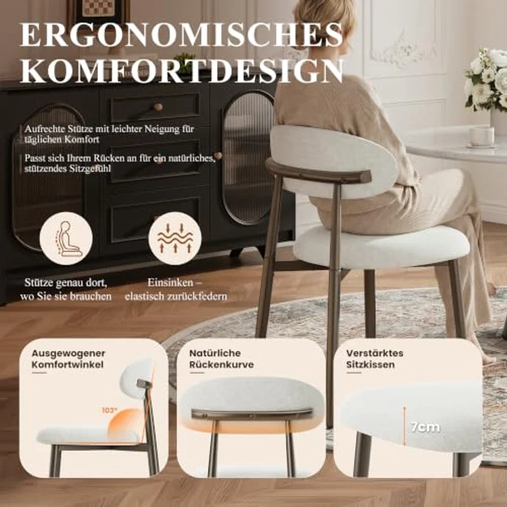 MALOL Esszimmerstühle 2er Set, Gepolsterte Stühle Esszimmer, Küchenstühle, Esstisch Stühle mit geschwungener Rückenlehne & Metallfüßen, moderne Stoffstühle für Küche, Wohnzimmer und Gastronomie, Beige – Bild 4