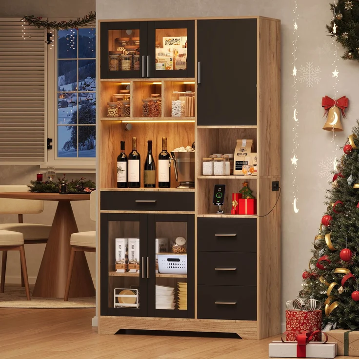 Buffetschrank 100 x 40 x 185 cm, Küchenschrank aus MDF mit LED-Beleuchtung, Steckdose und Glastüren – Bild 1