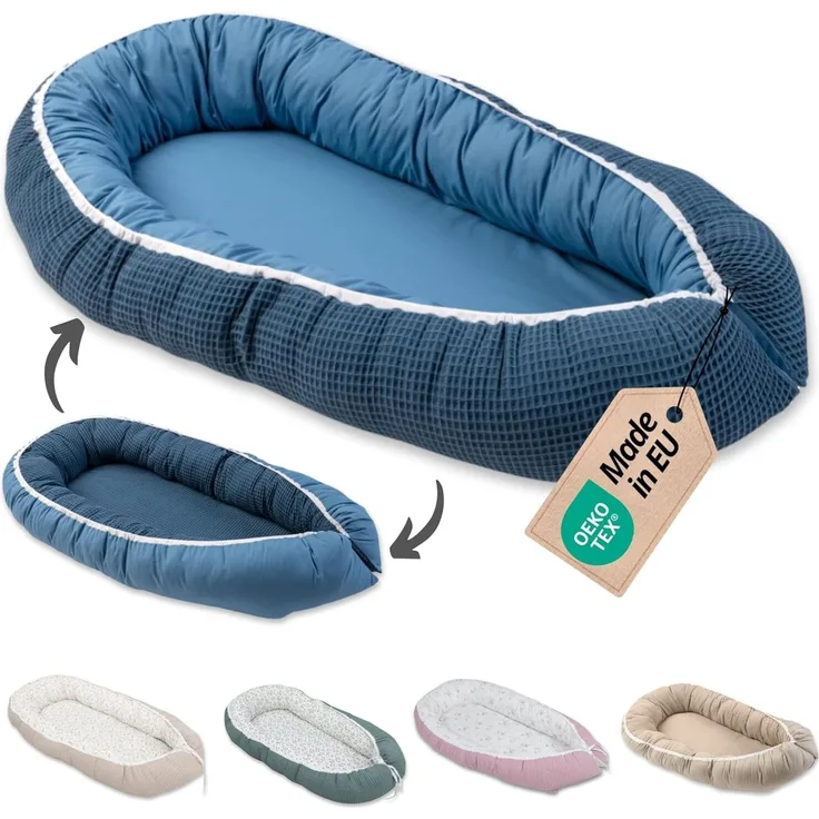 ULLENBOOM ® Bettnestchen Kuschelnest Baby 55x95 cm, kuscheliges Babynest, Made in EU, (1-tlg), Ideal für Neugeborene als Reisebett, Blau