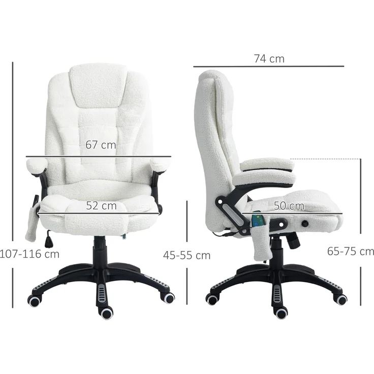 Vinsetto Bürostuhl, Massagesessel, beheizt, Bürostuhl, ergonomischer Stuhl mit Verstellbarer Höhe, neigbare Rückenlehne und Fernbedienung, kabelgebunden, 360° drehbar, Polyestergewebe, Weiß – Bild 3