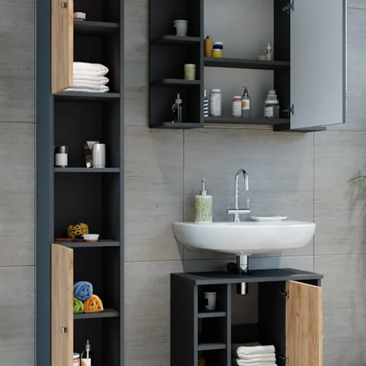 Vichy Badmöbel-Set Fynn, 3-teiliges Badezimmermöbelset in Anthrazit/Goldkraft Eiche mit Hochschrank und viel Stauraum – Bild 5