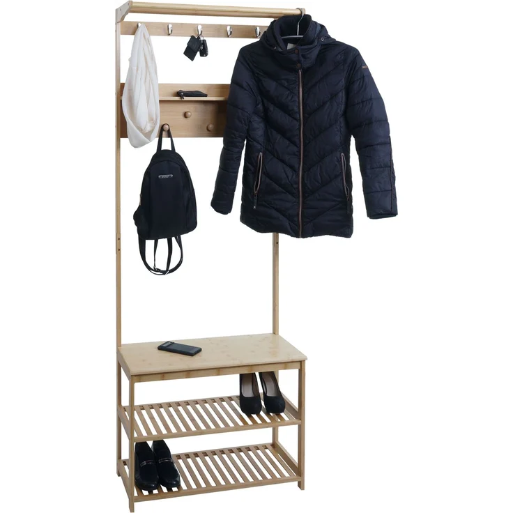 Bambus Standgarderobe HWC-N82, Garderobenständer Schuhregal Sitzbank Schuhbank, Kleiderhaken FSC® 170x70x31cm – Bild 1
