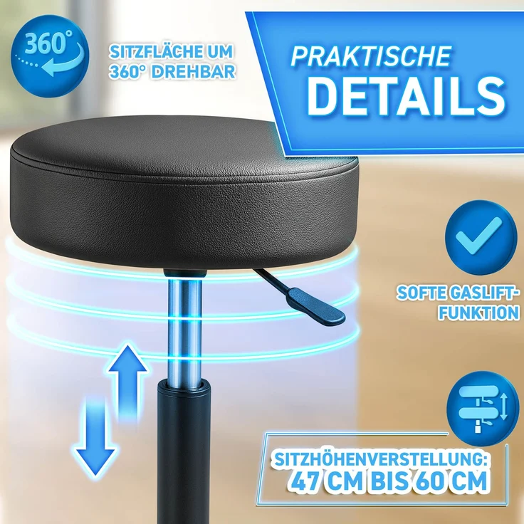TRESKO Rollhocker höhenverstellbar Schwarz | Drehhocker 10 cm Dicke Polsterung | Arbeitshocker 360° drehbar | Hocker – Bild 3