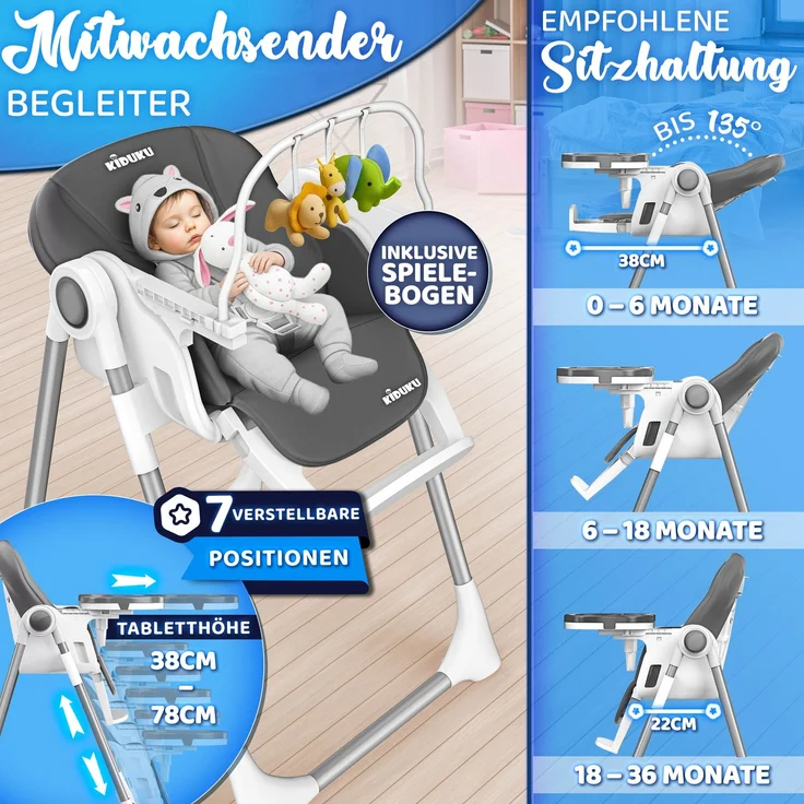 KIDUKU® Hochstuhl Baby 3in1 mit Neugeborenenaufsatz + Lätzchen, Spielbogen & Tisch | Kinderhochstuhl klappbar mit Liegefunktion | Kombihochstuhl höhenverstellbar | Babystuhl mitwachsend 0-36 Monate – Bild 2